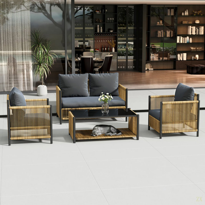 Latitude Run® New Comming Patio Brown PE Wicker Sofa Set With Grey